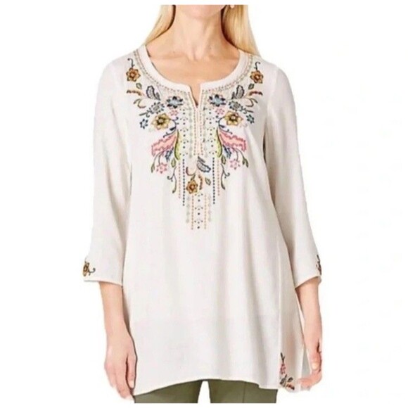 J. Jill White Floral Embroidered V-Neck Tunic Top Women's Size XL Blouse Shirt - Picture 1 of 16